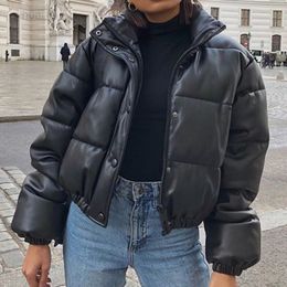 Women Fashion Stand Collar Black Pu Leather Jackets 2021 Winter Thick Warm Short Parka Elegant Zipper Cotton Jackets Female Jacket L220725