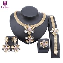 Luxury Gold Colour Jewellery Set For Women Necklace Dangle Earrings Bracelet Ring Jewellry For Nigerian Weddings Bridal Anniversary