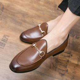 New Men Dress Shoes Leather Wedding Loafers Double Buckles Business Office Formal Slip on Mens Shoes Hip Hop Shoes Wedding Dress