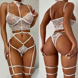 Lace Choker Halter Transparent Bra Set Women Suspenders Underwear Bra Garter Belt Thong Set Hot Erotic Come Sexy Lingerie Set L220727