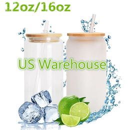 -US -Stock 12oz 16oz Sublimation Glas Dose mit Bambusdeckel Stroh Bier Becher DIY Blanks Frosted Clear Can Fored Bumblers Tasse Wärmeübertragung Cocktail Iced Coffee Soda