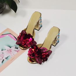 2022 Women Genuine Leather Rhinestone 6CM Heels Sandals Summer Flip-flops Slipper Slip-on Wedding Dress Gladiator Shoes Colourful Diamond 3D Flower Size