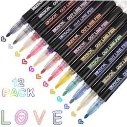 Art Marker Outline Pen12 Colours Double line Pen Glitter Marker Metallic Permanent Pens Writing Drawing Pens for DIY Card Photo 201120