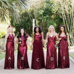 Burgundy Bridesmaid Dresses Sparkly Sequins Spaghetti Straps Sheath Ruched Pleats Custom Made Floor Length Maid of Honor Gown Country Wedding Party vestido