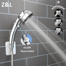 ZL 3 Modes Adjustable Universal Bath Showerheads Water Saving Sprayer Nozzle Stop Button Spa Bathroom High Pressure Shower Head 220525