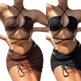 Women's Swimwear Sexy Ladies Beach Bikini Solid Colour Split Soft Knotted Swimsuit Female Low Waist Lacing Thong Suit Swimsuits 24BDWomen's