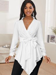 Women's Blouses & Shirts Women White Blouse V Neck Tops Long Sleeve With Waist Belt Office Ladies Classy Modest 2022 Spring Autumn Elegant B