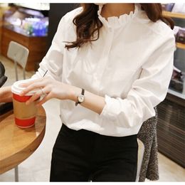 100% Cotton Women White Shirt Ruffled Collar Plus Size Women Work Blouse Lady Clothing Fashion Casual Tops T200322