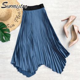 SURMIITRO Spring Summer Satin Midi Long Pleated Skirt Women Korean Style Blue High Waist Mid-Length A Line Female 220317