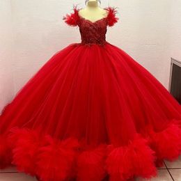 Luxury Red Ruffles Ball Gown Quinceanera Dresses Beading Crystal Feathers Sweet 16 Prom Vestido De 15 Anos Lace-Up Prom Party Gown