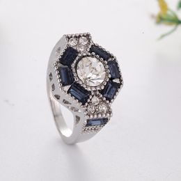 Wedding Rings Retro White Stone Ring Silver Color Geometric Blue Crystal S For Women Engagement Jewelry Vintage Anillos MjuerWedding