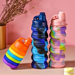 NEW!!! 16oz Rainbow Silicon 500ml Water Bottles Outdoor Creative Telescopic Portable Water Bottle Leakproof Sports Cup with Strap Cups