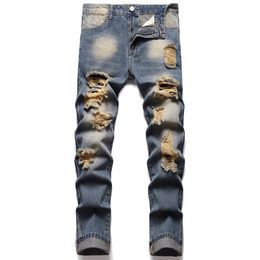 Jeans da uomo con foro strappato nostalgico 2022 Slim Fit Dritto Pantaloni in denim blu retrò Moda Casual Stile hip-hop 28-40 Streetwear