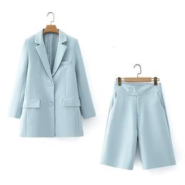 Women's Tracksuits ZXQJ Elegant Women Blue Blazer Suits 2022 Fashion Ladies Slim Long Blazers Casual Female Chic Jacket Set Cute Girls Styli