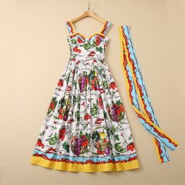 2022 Summer Fall Spaghetti Strap Sweetheart Neck Multicolor Cotton Fruit Vegetable Print Panelled Long Maxi Dress Elegant Casual Dresses 22Q280029
