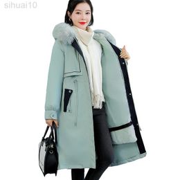 Green Parkas Coat Women New Loose Winter Thick Warm Jacket White Fur Collar Hooded Long Down Cotton Coat L220730