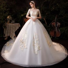 Other Wedding Dresses 2022 Half Sleeve Dress With Train Champagne Lace Bridal Ball Gown Princess Vintage Robe De Mariee Vestido Noiva