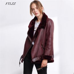 FTLZZ Autumn Winter Faux Soft Leather Women Faux Lamb Leather Jacket Coat Warm Fur Collar Motorcycle Black Punk Zipper Outerwear 220815