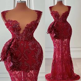 Burgundy Mermaid Aso Ebi Evening Dresses 2022 Sweetheart Lace Beaded Sexy African Prom Second Reception Birthday Engagement Gown