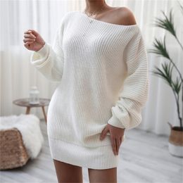 Winter Women's Mini Sweaters Dress Lantern Sleeve Oversized Fashion Knitted Dress Casual Loose Solid Color Female Clothing 220317