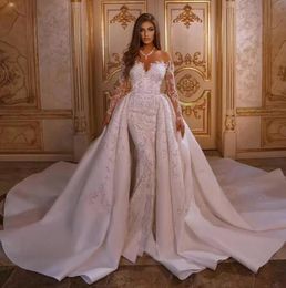 2022 Luxus-Meerjungfrau-Hochzeitskleid mit abnehmbarem Rock, applizierte arabische Trompeten-Brautkleider mit langen Ärmeln, böhmische Robe de Soiree C0601G05