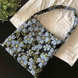 Evening Bags Daisy Canvas Shoulder Retro Blue Jacquard Printed Canvas Bag Texture Armpit Dark Elegant Flower Niche Desig 220608