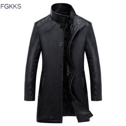 FGKKS Fashion Brand Men's Leather Jacket Spring Autumn Men Long Section PU Leather Windbreaker Male Casual Leather Jackets 201128