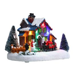 Christmas Decorations Snow House LED Glowing Resin Statue Santa Claus Snowman Train Village Scene Decoration GiftChristmas DecorationsChrist