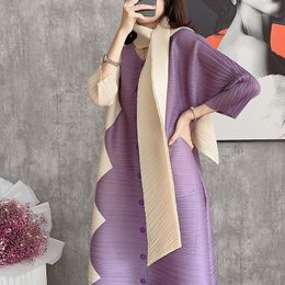 Casual Dresses Changpleat Autumn Dress With Scarf Miyak Pleated Large Size Colour Matching Loose Single-breasted Round Neck For Women