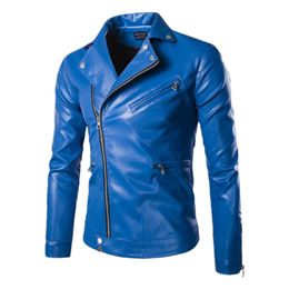 High Quality Men Slim Blue Motorcycle Leather Jackets Punk style Autumn Mens Oblique zipper Leather & Suede Coats 220816