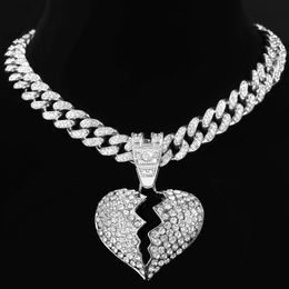 S3073 Fashion Jewellery Exaggerated Geometric Love Accessories Cuba Chain for Women Inlaid Diamond Fracture Heart Pendant Cuba Necklace