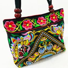 Evening Bags Embroidery Ethnic Travel Shoulder Bag Women Handmade Double Faced Flower Vintage Embroidered Canvas Wood Beads HandbagEvening