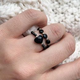Wedding Rings Fashion Black Natural Stone For Women With Stainless Beads Obsidian Party Gifts Girls 2022 Trend Wynn22