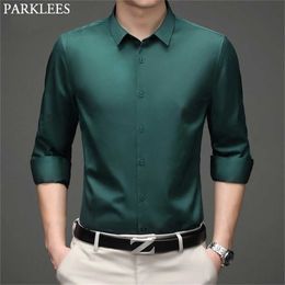 Green Mens Dress Shirts Brand Superfine Long Sleeve Shirt Men Slim Fit Elastic Breathable Non-Iron Quality Shirt Male 220326