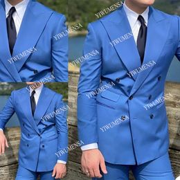 Men's Suits & Blazers Blue Soild Men&#39;s Tailor-Made Double Breasted Blazer Masculino 2 Pieces Jacket With Pant Prom Party Groom WearM