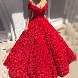 Kırmızı çiçek gece elbise omuz kabarık ünlü elbisesi 3d çiçekler doğum günü partisi elbise