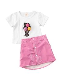 Clothing Sets 1-5Y Summer Cute Toddler Baby Girls Clothes Short Sleeve Print T Shirts Tops+Pink PU Leather Skirts
