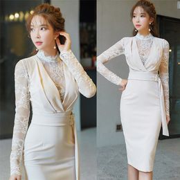 spring and autumn women's ladies' temperament lace stitching fashion fake two-piece slim mid-length bag hip dress 210412