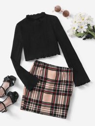 Girls Solid Frill Knit Top & Tartan Skirt SHE