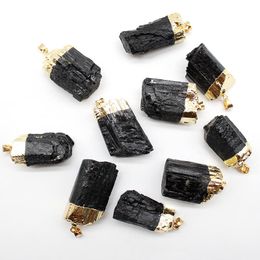 Pendant Necklaces Natural Black Tourmaline Stone Electroplating Gold Colour Pillar Cylindrical Energy DIY Woman Man Gift Jewellery 5PCSPendant