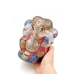 Evening Bags Luxury Bridal Wedding Party Ganesh Box Full Crystal Clutch Bag India Traditional Shri PursesEvening