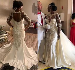 Überröcke Brautkleider mit transparentem Hals, 3D-Applikationen, Spitze, Perlen, Meerjungfrau-Hochzeitskleid mit langen Ärmeln, afrikanische Brautkleider