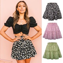 Summer Floral Print Boho Mini Skirt Women Sexy Bandage High Waist Frills Short Skirt Female Pleated Skirts 220611