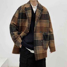 Men's Wool & Blends Winter Long Woollen Cashmere Trench Coats Lattice Printing Worsted Lapel Collar Jackets Black/brown Outerwear T220810