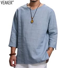 Mens V Neck Cotton Linen T Shirts Male Breathable Solid Colour Long Sleeve Casual Loose Linen TShirt Tops M4XL 220521