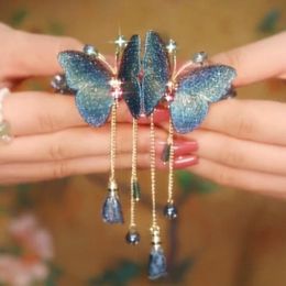 Hair Clips & Barrettes Embroidered Butterfly Rhinestone Clip Chinese Style Blue Tassel Spring Women's Costume Hanfu HeaddressHair