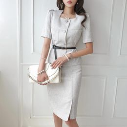 Work Dresses Women's Summer Korean Version High-end Temperament Square Neck Short Sleeve Top Split Hip Wrap Skirt Professional SuitWork