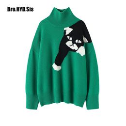 Fashion Women Turtleneck Pullover Sweater Loose Cartoon Cat Knitted Sweater Vintage Long Sleeve Lady Pullovers Green Chic Tops