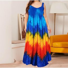 Plus Size Dresses Casual Tie Dye Print Sleeveless Bohemian Long Women 5XL Fashion Loose A-line Holiday Beachwear Maxi Dress