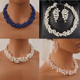 Chokers Boho Wedding Bridal Floral Pearls Necklace Earrings Jewellery Set Dangle Adjustable Elegance Party For WomenChokers